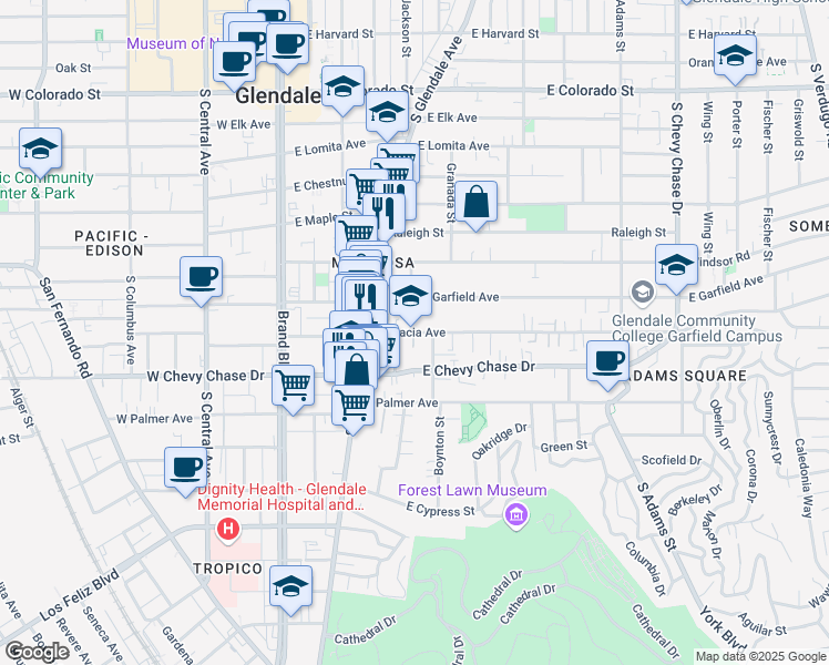 map of restaurants, bars, coffee shops, grocery stores, and more near 501 East Acacia Avenue in Glendale