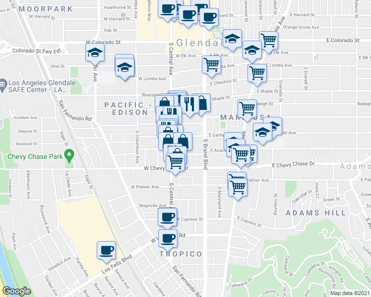 map of restaurants, bars, coffee shops, grocery stores, and more near 212 West Garfield Avenue in Glendale