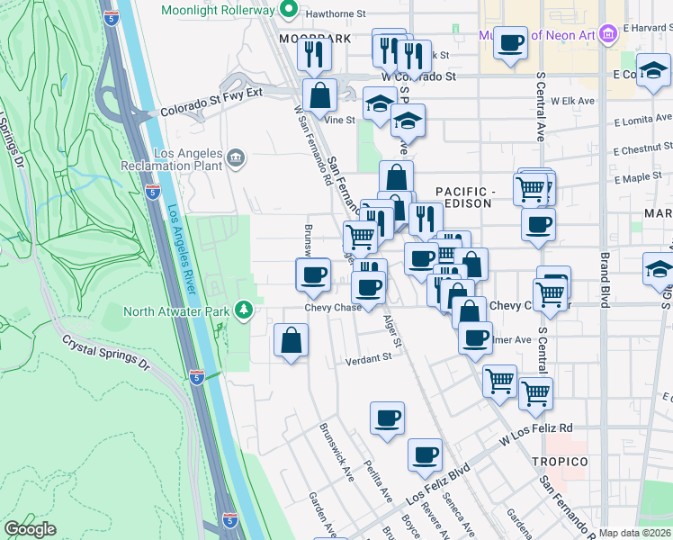map of restaurants, bars, coffee shops, grocery stores, and more near 4147 Baywood Street in Los Angeles