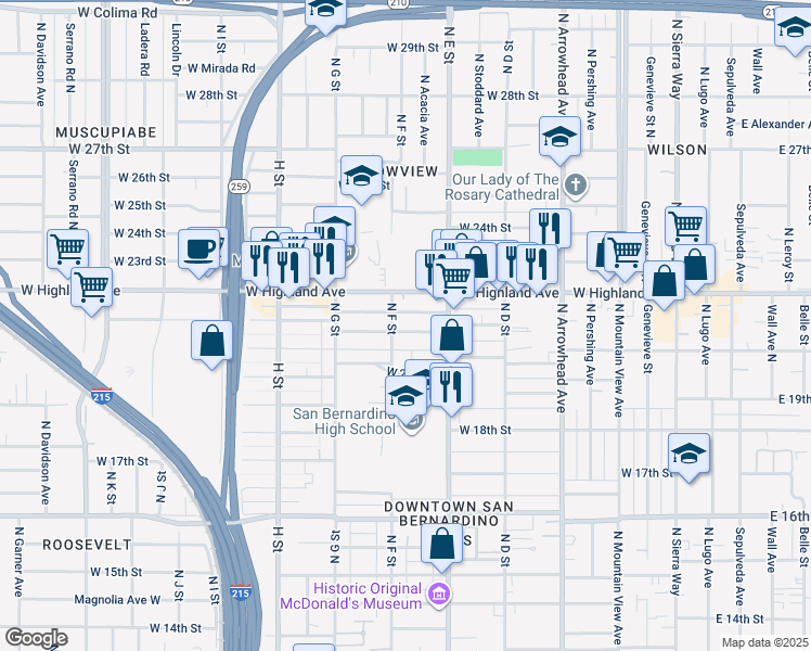map of restaurants, bars, coffee shops, grocery stores, and more near 580 West 21st Street in San Bernardino