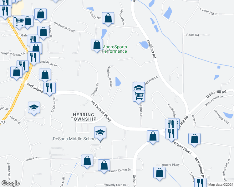 map of restaurants, bars, coffee shops, grocery stores, and more near 416 Weatherstone Place in Alpharetta