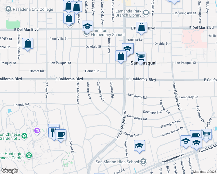 map of restaurants, bars, coffee shops, grocery stores, and more near 653 Chaucer Road in San Marino
