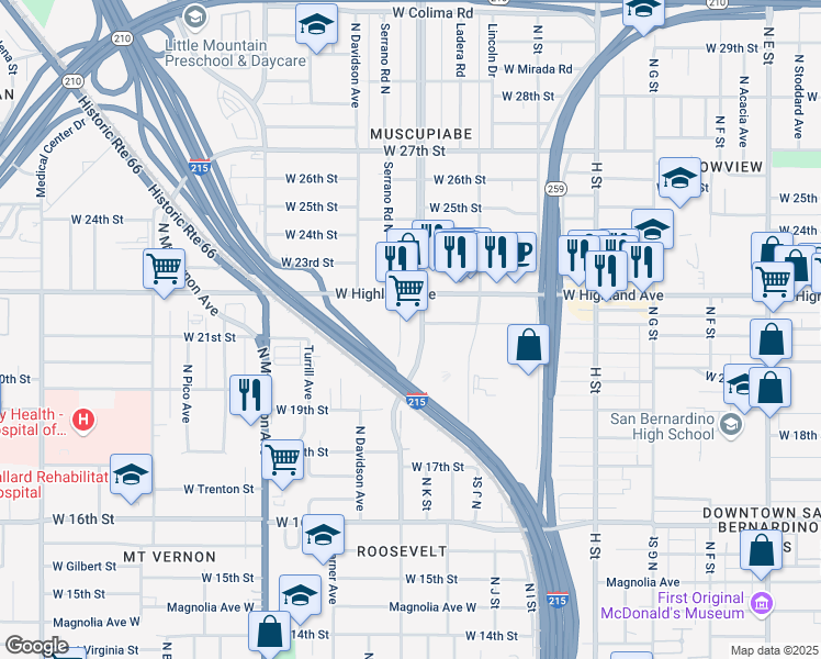 map of restaurants, bars, coffee shops, grocery stores, and more near 1085 West Highland Avenue in San Bernardino