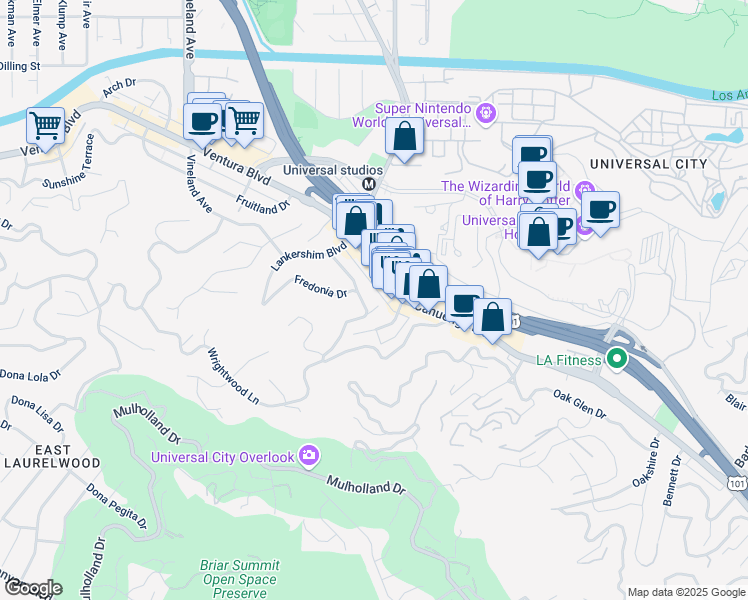 map of restaurants, bars, coffee shops, grocery stores, and more near 3884 Fredonia Drive in Los Angeles