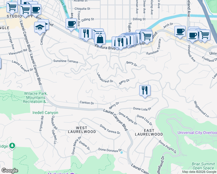 map of restaurants, bars, coffee shops, grocery stores, and more near 11460 Laurelcrest Road in Los Angeles