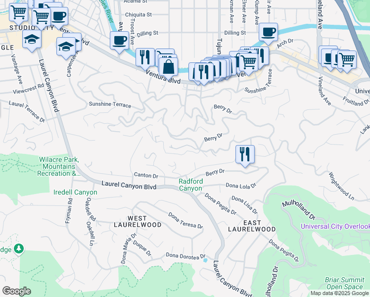 map of restaurants, bars, coffee shops, grocery stores, and more near 11460 Laurelcrest Road in Los Angeles