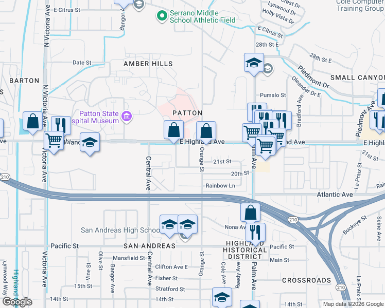 map of restaurants, bars, coffee shops, grocery stores, and more near 2151 La Verne Avenue in Highland