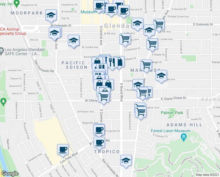 map of restaurants, bars, coffee shops, grocery stores, and more near 212 West Garfield Avenue in Glendale