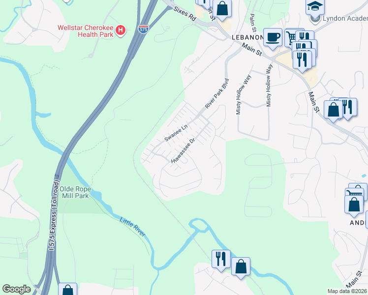 map of restaurants, bars, coffee shops, grocery stores, and more near 244 Hiawassee Drive in Woodstock