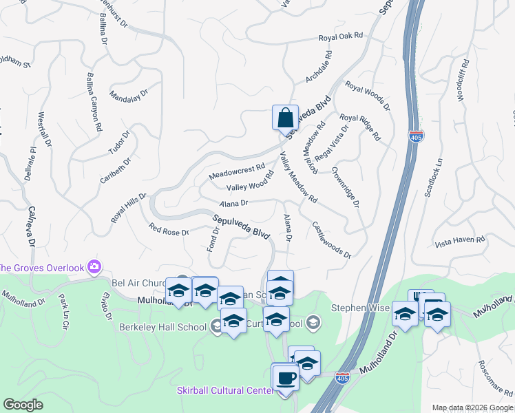 map of restaurants, bars, coffee shops, grocery stores, and more near 3527 Alana Drive in Los Angeles