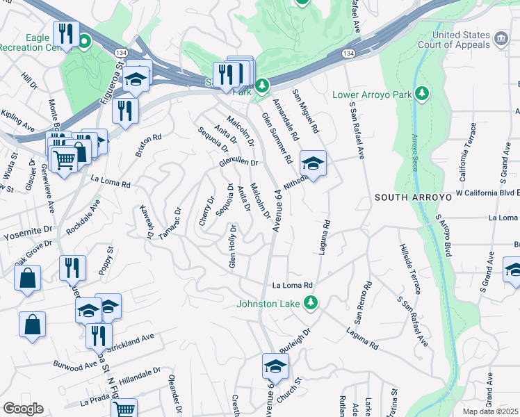 map of restaurants, bars, coffee shops, grocery stores, and more near 355 Malcolm Drive in Pasadena