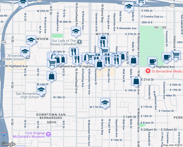 map of restaurants, bars, coffee shops, grocery stores, and more near 2172 Genevieve Street in San Bernardino