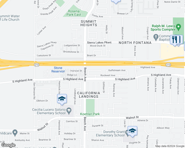 map of restaurants, bars, coffee shops, grocery stores, and more near 15362 Rockwell Avenue in Fontana