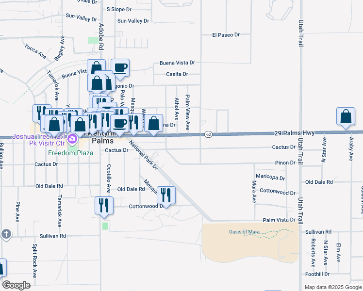 map of restaurants, bars, coffee shops, grocery stores, and more near 74022 Cactus Drive in Twentynine Palms