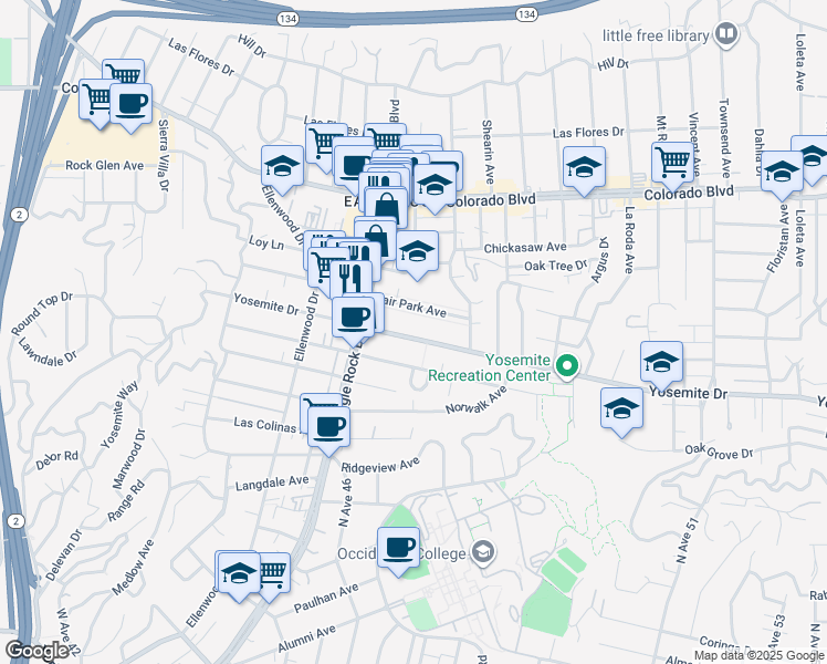 map of restaurants, bars, coffee shops, grocery stores, and more near 2101 Yosemite Drive in Los Angeles