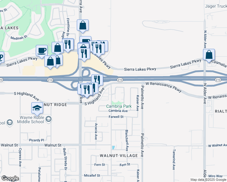 map of restaurants, bars, coffee shops, grocery stores, and more near 6544 Pacifica Avenue in Fontana