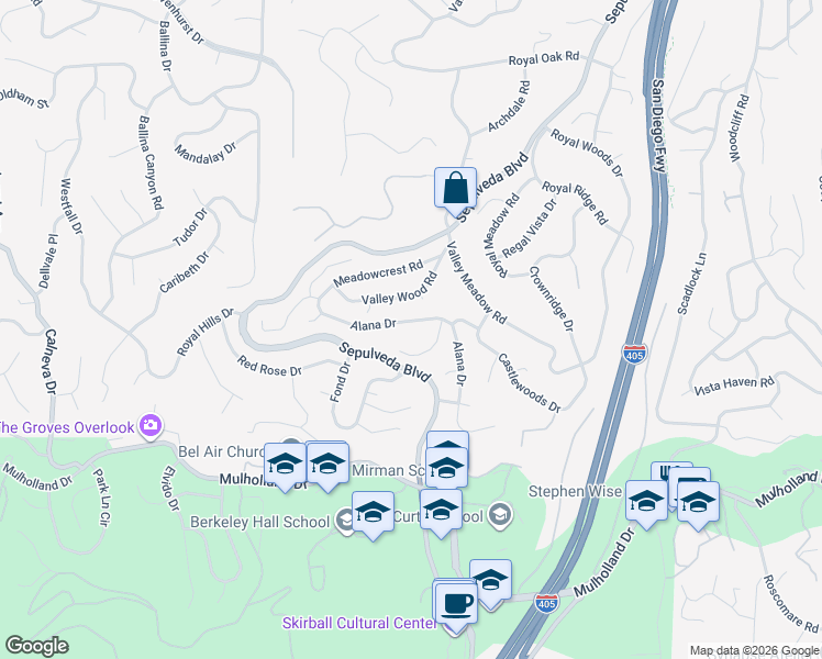 map of restaurants, bars, coffee shops, grocery stores, and more near 3527 Alana Drive in Los Angeles