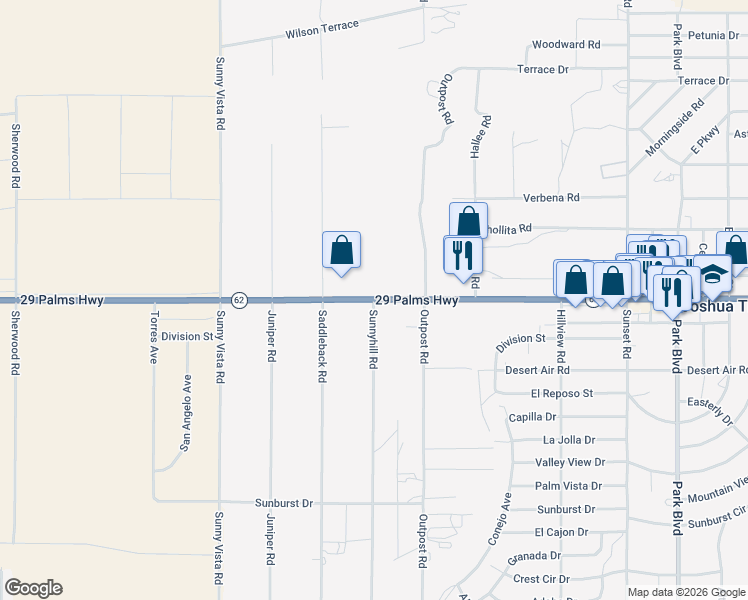 map of restaurants, bars, coffee shops, grocery stores, and more near Sunnyhill Road in Joshua Tree