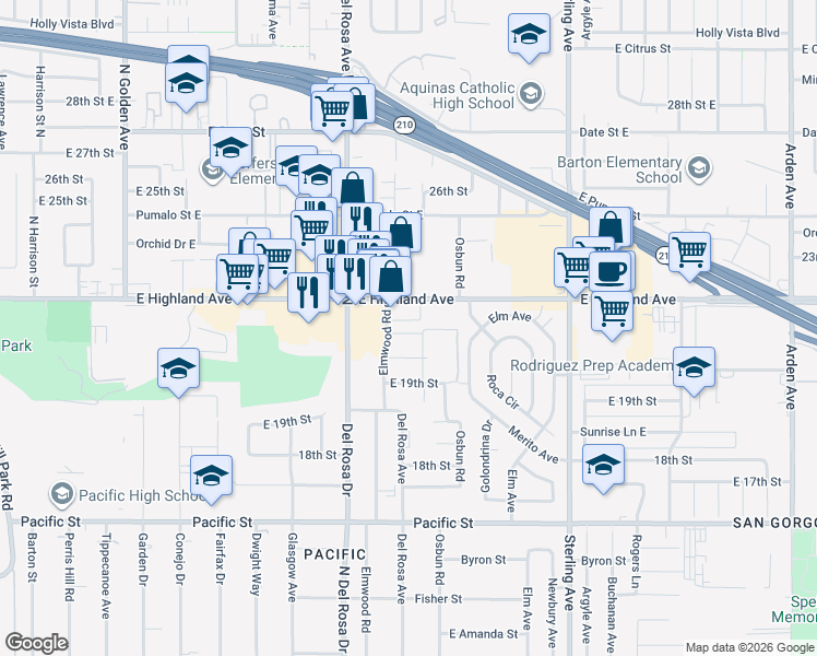 map of restaurants, bars, coffee shops, grocery stores, and more near 1689 East Highland Avenue in San Bernardino