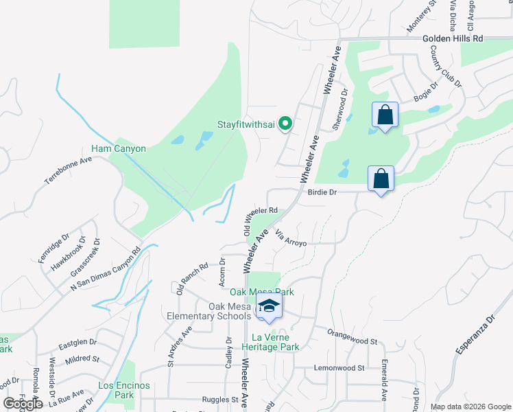 map of restaurants, bars, coffee shops, grocery stores, and more near 5951 Overholtzer Drive in La Verne