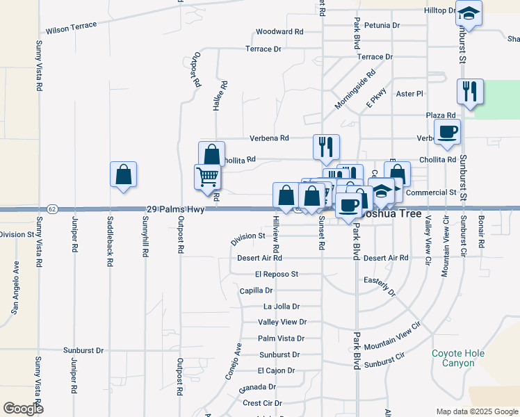 map of restaurants, bars, coffee shops, grocery stores, and more near California 62 in Joshua Tree