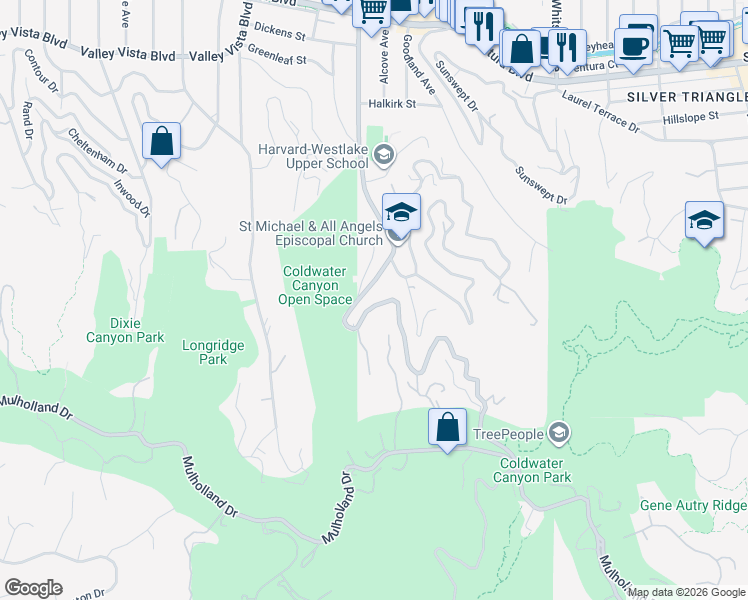 map of restaurants, bars, coffee shops, grocery stores, and more near 3618 Coldwater Canyon Avenue in Los Angeles