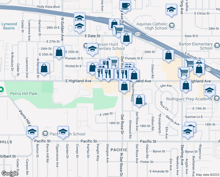 map of restaurants, bars, coffee shops, grocery stores, and more near Unnamed Street in San Bernardino