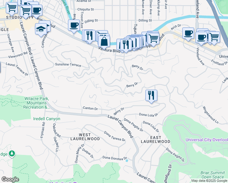 map of restaurants, bars, coffee shops, grocery stores, and more near 11460 Laurelcrest Road in Los Angeles