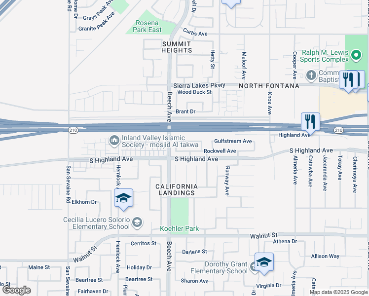 map of restaurants, bars, coffee shops, grocery stores, and more near 15362 Rockwell Avenue in Fontana