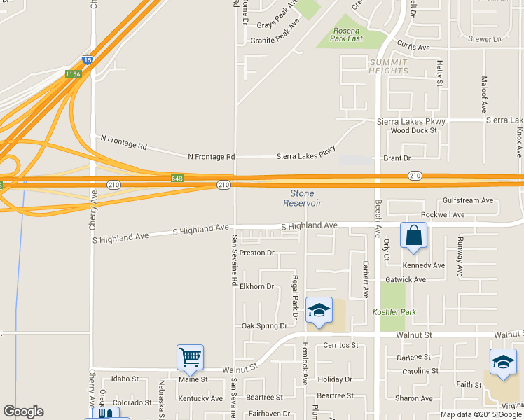 map of restaurants, bars, coffee shops, grocery stores, and more near 14973 S Highland Ave in Fontana