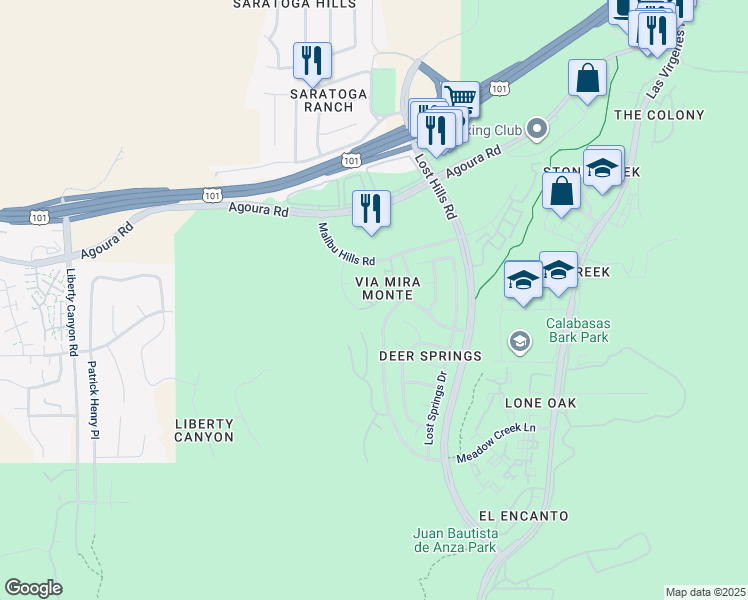 map of restaurants, bars, coffee shops, grocery stores, and more near 4125 Via Mira Monte in Agoura Hills
