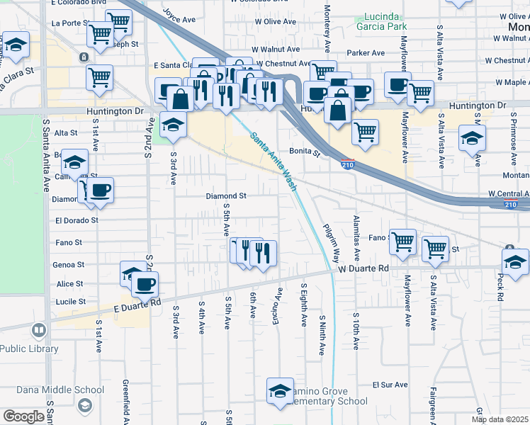 map of restaurants, bars, coffee shops, grocery stores, and more near 906 Diamond Street in Monrovia
