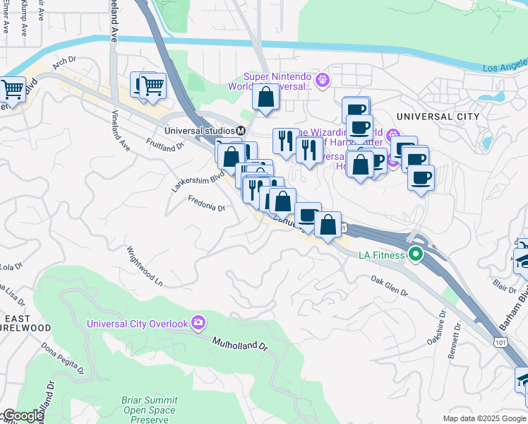 map of restaurants, bars, coffee shops, grocery stores, and more near 3330 Cahuenga Boulevard West in Los Angeles