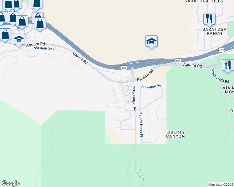 map of restaurants, bars, coffee shops, grocery stores, and more near 4057 Yankee Drive in Agoura Hills