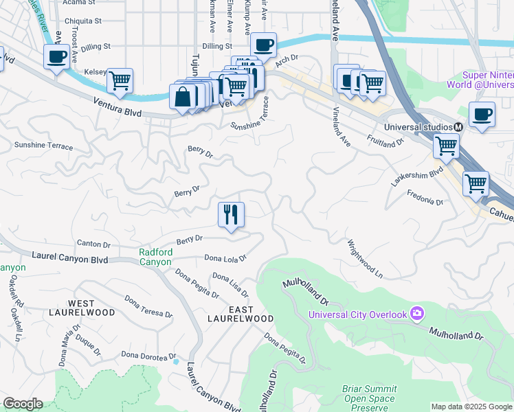 map of restaurants, bars, coffee shops, grocery stores, and more near 3433 Wrightview Drive in Los Angeles