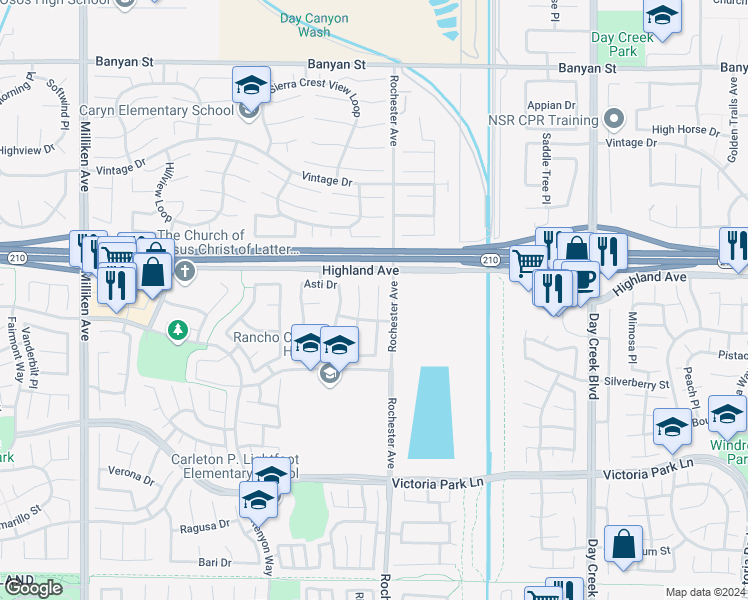 map of restaurants, bars, coffee shops, grocery stores, and more near 6556 Vianza Place in Rancho Cucamonga