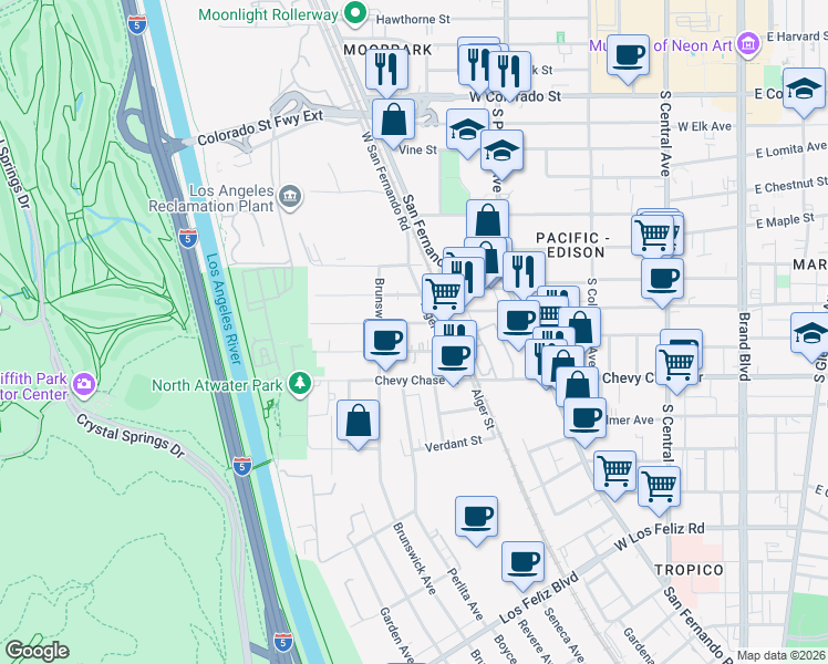 map of restaurants, bars, coffee shops, grocery stores, and more near Baywood Street in Los Angeles