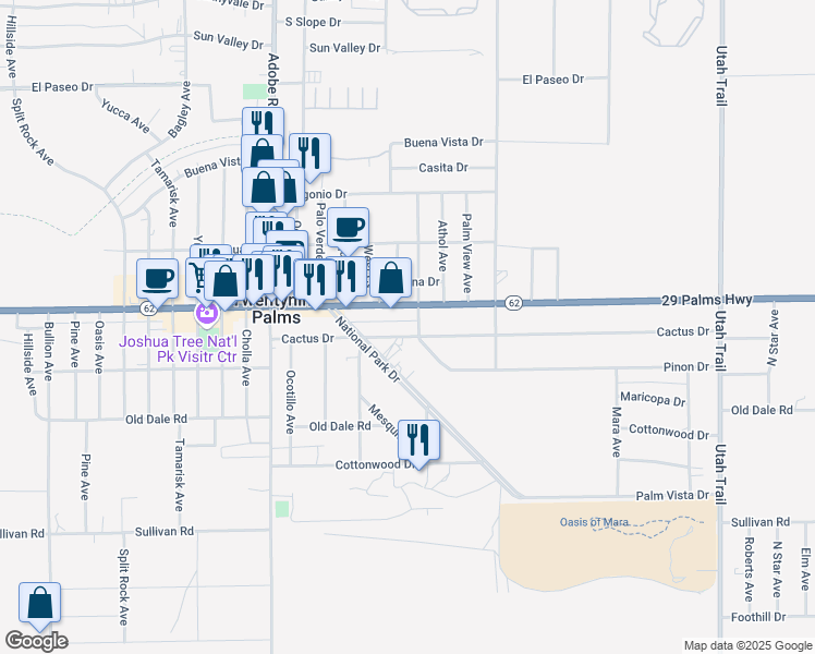 map of restaurants, bars, coffee shops, grocery stores, and more near 6590 Cienega Drive in Twentynine Palms