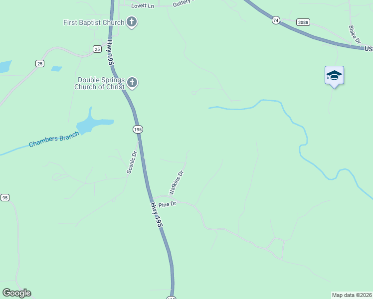 map of restaurants, bars, coffee shops, grocery stores, and more near 241 Watkins Drive in Double Springs