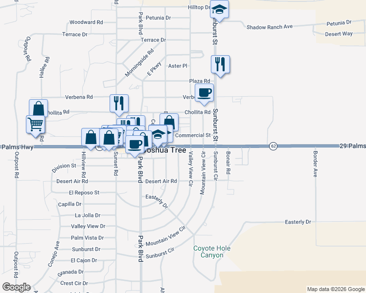 map of restaurants, bars, coffee shops, grocery stores, and more near California 62 in Joshua Tree
