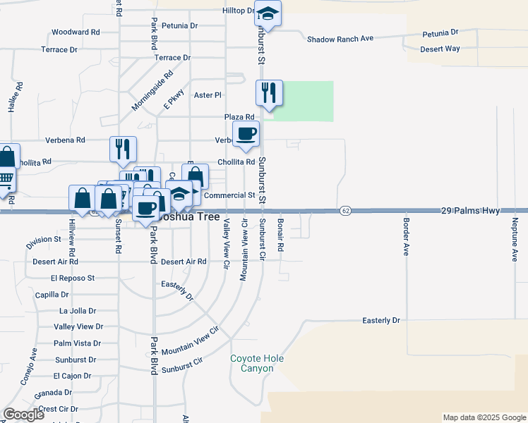 map of restaurants, bars, coffee shops, grocery stores, and more near 62090 29 Palms Highway in Joshua Tree