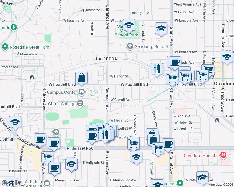 map of restaurants, bars, coffee shops, grocery stores, and more near 136 South Marcile Avenue in Glendora
