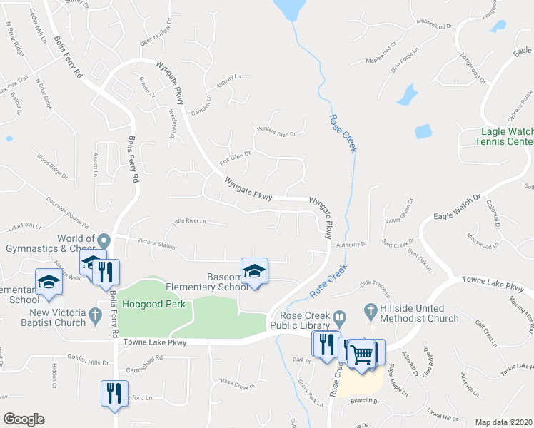 map of restaurants, bars, coffee shops, grocery stores, and more near 4038 Watkins Glen Drive in Woodstock