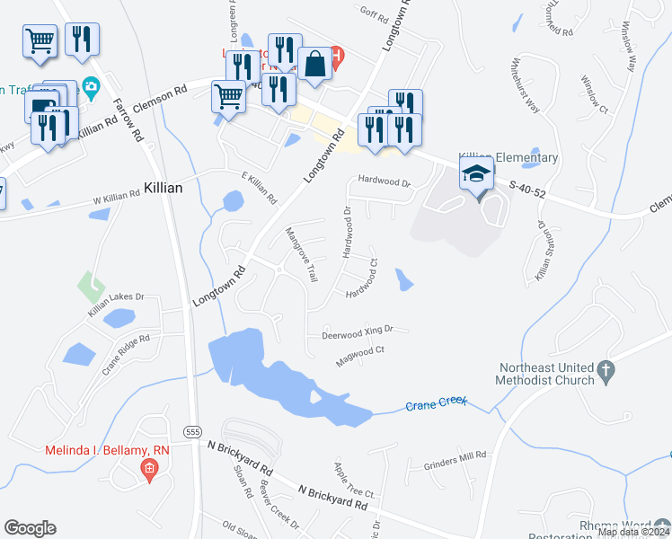 map of restaurants, bars, coffee shops, grocery stores, and more near 312 Hardwood Drive in Columbia