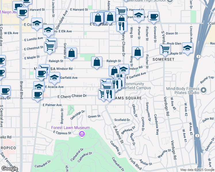 map of restaurants, bars, coffee shops, grocery stores, and more near 925 South Adams Street in Glendale