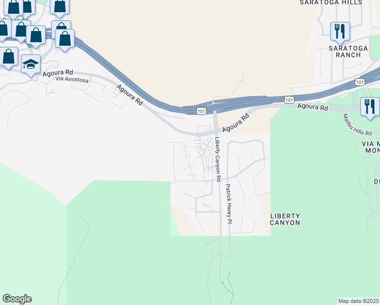 map of restaurants, bars, coffee shops, grocery stores, and more near 4057 Yankee Drive in Agoura Hills