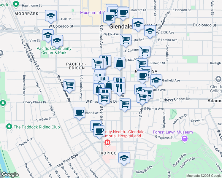 map of restaurants, bars, coffee shops, grocery stores, and more near 147 West Acacia Avenue in Glendale
