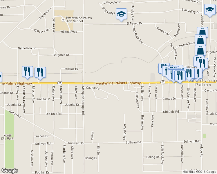 map of restaurants, bars, coffee shops, grocery stores, and more near 73101 29 Palms Highway in Twentynine Palms