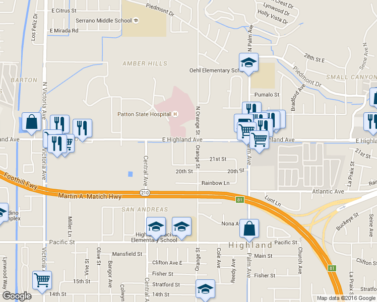 map of restaurants, bars, coffee shops, grocery stores, and more near 3331 Highland Avenue in Highland