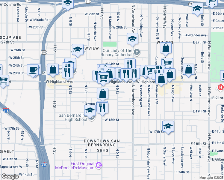 map of restaurants, bars, coffee shops, grocery stores, and more near 421 West Highland Avenue in San Bernardino